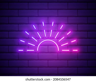 Icono de neón brillante de color rosado sobre el sol ui ux. Vector de logotipo de signo brillante aislado en el fondo de pared de ladrillo