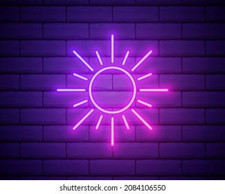 Sun pink glowing neon ui ux icon. Glowing sign logo vector isolated on brick wall backogrund
