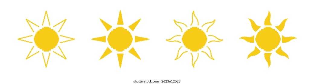 Sun Pixel Art-Symbol. Sonniges verpixeltes Logo. Vektor 8 Bit.