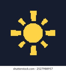 Sun Pixel Art Icon. Retro Game Yellow Sun Isolated on Dark Background. Vintage Video Game Symbol. Isolated Vector Illustration.