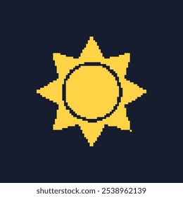 Sun Pixel Art Icon. Retro Game Yellow Sun Isolated on Dark Background. Vintage Video Game Symbol. Isolated Vector Illustration.