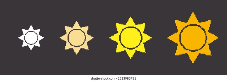 Sun Pixel Art Icon Set. Retro Game Yellow Sun Isolated on Dark Background. Vintage Video Game Symbol. Isolated Vector Illustration.