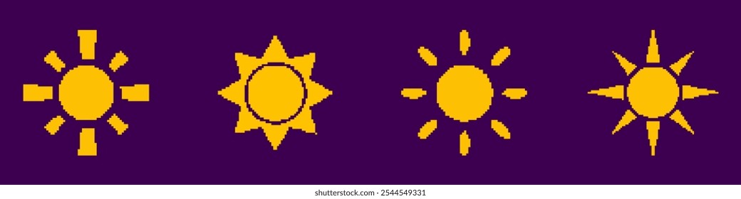 Sun Pixel Art Icon Set. Retro Game Yellow Sun Isolated on Dark Background. Vintage Video Game Symbol. Isolated Vector Illustration.