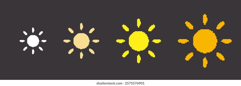 Sun Pixel Art Icon Set. Retro Game Yellow Sun Collection Isolated on Dark Background. Vintage Video Game Symbol. Isolated Vector Illustration.
