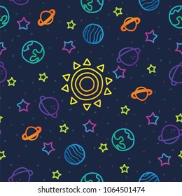 Sun, planet earth and stars from space on dark blue pattern background. Colorful cosmic planet seamless pattern