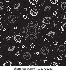 Sun, planet earth and stars from space on black pattern background. Cosmic planet seamless pattern
