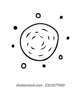Sun or planet icon sign, simple naive doddle style, black silhouette hand drawing, editable object on white background