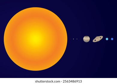 Sun and Planet Size Proportions or Comparison Flat Illustration of the Solar System. The Size of the Sun Compared to the Planets Realistic Colorful Illustration.