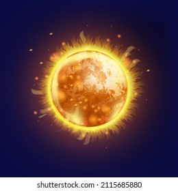 Sun planet vector icon, realistic star, space astronomy 3D galaxy illustration, hot fire flares, energy shine. Red solar ball, giant burn globe, sunshine cosmic clipart on blue background. Sun planet