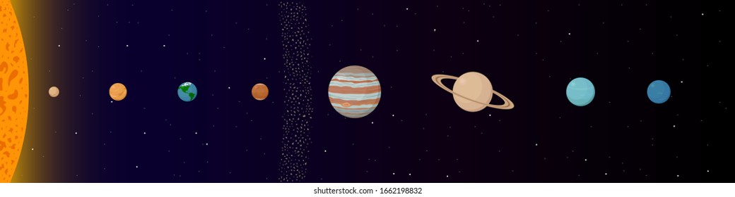 Sun, planets and asteroid belt. Vector illustration.