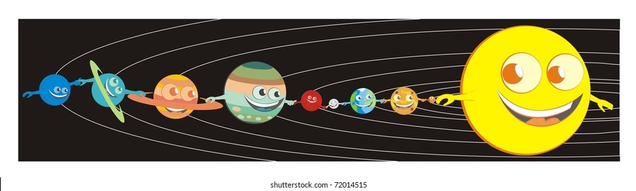 The sun and the planets holding each other by the hand, enjoying the ride through the solar system / starry background - color vector cartoon illustration