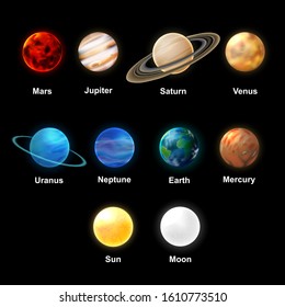 The Sun and planets of the Solar System on transparent background, realistic vector illustration.