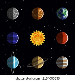 Sol y planetas del sistema solar sobre fondo de estrellas negro