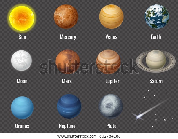 The Sun and planets of the\
Solar System on  transparent background, isolated vector\
illustration. 