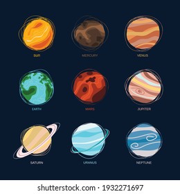 The sun and the planets of the solar system. A set with planets, the sun, and names in a cartoon style. Vector illustration isolated on a blue background for design and web.
