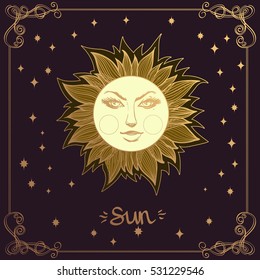 Sun. Planets and stars of Solar system. Symbols for astronomy and astrology. Stylized characters with a gold contour on a dark background.