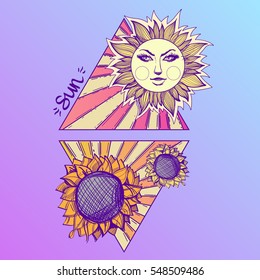 Sun. Planets and stars of Solar system. Symbols for astronomy and astrology. Stylized characters in the form of triangles.