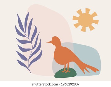 Sun, plant branch and bird, simple geometric shapes. Symbols of peace, harmony and freedom. Template with abstract composition. Minimalism, boho style. Vector banner for postcards, wall art