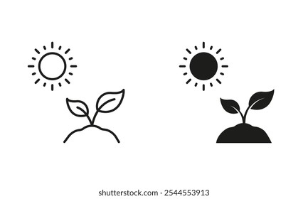 Sol e Planta, Linha de Crescimento da Árvore e Conjunto de Ícones de Silhueta. Pictograma Agrícola. Símbolo Ecológico De Planta. Sinal de Jardinagem. Traço editável. Ilustração de vetor isolada.