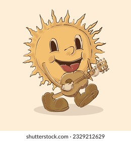 sun playing accoustic guitar mascot. funky summer sun mascot vintage illustration