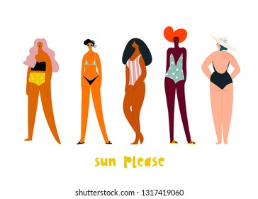 Sun please. Five girls dressed in trendy swimsuits standing in various poses. Girl power concept. Female cartoon characters. Hand drawn colored vector set. All elements are isolated