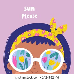 Sun Please. Little Brunette Girl With Big Nerdy Round Sunglasses. Reflection Of The Tulip Flowers In The Glasses. Hand Drawn Vector Trendy Illustration. Cartoon Style. Flat Design