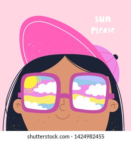 Sun please. Little brunette girl with big nerdy square sunglasses. Reflection of the cloudy sky and sun in the glasses. Hand drawn vector trendy illustration. Cartoon style. Flat design