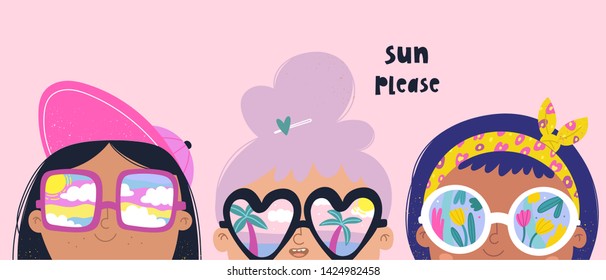 Sun please. Set of three various girls with big sunglasses. Different reflections in glasses: cloudy sky, tulips and palms and ocean. Hand drawn vector trendy illustration. Cartoon style. Flat design