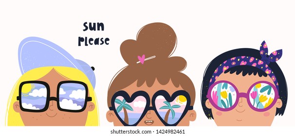 Sun please. Set of three various girls with big sunglasses. Different reflections in glasses: cloudy sky, tulips and palms and ocean. Hand drawn vector trendy illustration. Cartoon style. Flat design