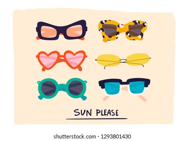 Sun please. Various trendy sunglasses. Different shapes. Hand drawn colored vector set. All elements are isolated