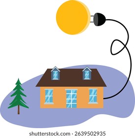 Sun plugged in with electrical cable to the house, free energy concept illustration