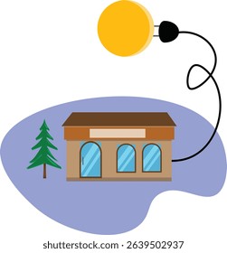 Sun plugged in with electrical cable to the house, free energy concept illustration