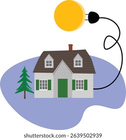 Sun plugged in with electrical cable to the house, free energy concept illustration