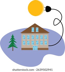 Sun plugged in with electrical cable to the house, free energy concept illustration