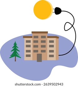 Sun plugged in with electrical cable to the house, free energy concept illustration