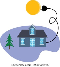 Sun plugged in with electrical cable to the house, free energy concept illustration