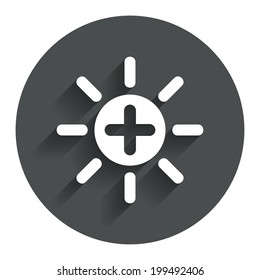 Sun plus sign icon. Heat symbol. Brightness button. Circle flat button with shadow. Modern UI website navigation. Vector