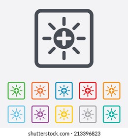Sun plus sign icon. Heat symbol. Brightness button. Round squares buttons with frame. Vector