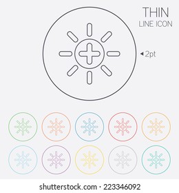Sun plus sign icon. Heat symbol. Brightness button. Thin line circle web icons with outline. Vector