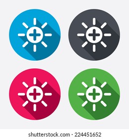 Sun plus sign icon. Heat symbol. Brightness button. Circle buttons with long shadow. 4 icons set. Vector