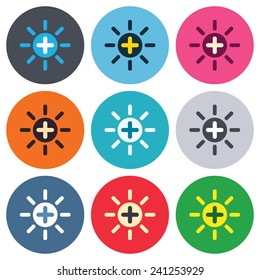 Sun plus sign icon. Heat symbol. Brightness button. Colored round buttons. Flat design circle icons set. Vector