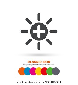 Sun plus sign icon. Heat symbol. Brightness button. Classic flat icon. Colored circles. Vector