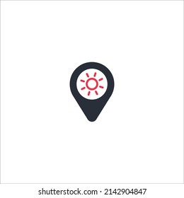 Sun-Point-Symbol, Vektorgrafik. Modernes Design. Flaches Design. GPS-Pin-Karte. Navigation. Temperatur. 