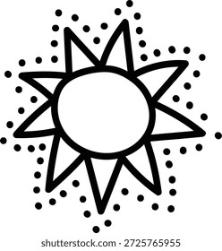 Sol con rayo puntiagudo y halo punteado en arte lineal limpio. Símbolo de calidez, energía, optimismo y luz. Ilustración vectorial de dibujos animados.