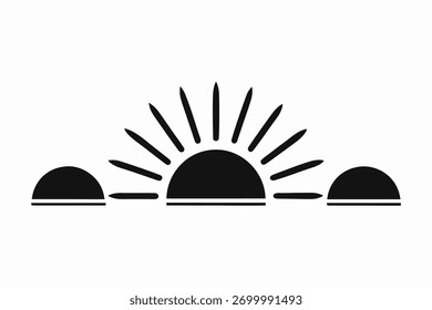 The sun with pointed rays rises over three stylized hills in this monochromatic image. The background is transparent, allowing easy integration into various projects.