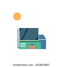 Sun Power Eco Power Station. Vector Isolated Graphic Design Element. Ecological electricity station, solar power, infrastructure, powerhouse, alternative power generation, flat, comic, cartoon style