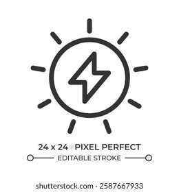 Sun power line ui icon. Using solar energy to generate electricity. Renewable sources usage advantages. Isolated vector outline symbol. Webdesign user interface element linear, pixel perfect