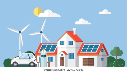 Sun power photovoltaic PV home system and renewable electric energy technology off the grid OTG inverter charge controller, solar panels. Electric car charging on renewable smart power off-grid system