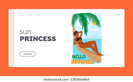 Sun Princess Landing Page Template. Black Woman Lies Comfortably On A Palm Tree, Enjoying Summer. Female Character Closes Her Eyes And Listens To The Sound Of The Waves. Vector Illustration
