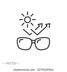 icono de gafas de protección solar, lentes de protección de rayos uva, concepto de cuidado ocular, símbolo de línea delgada sobre fondo blanco - ilustración de vector de trazo editable eps10